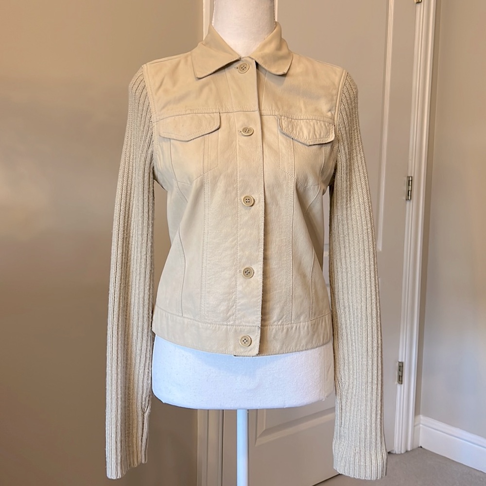 Leather and wool hip length jacket